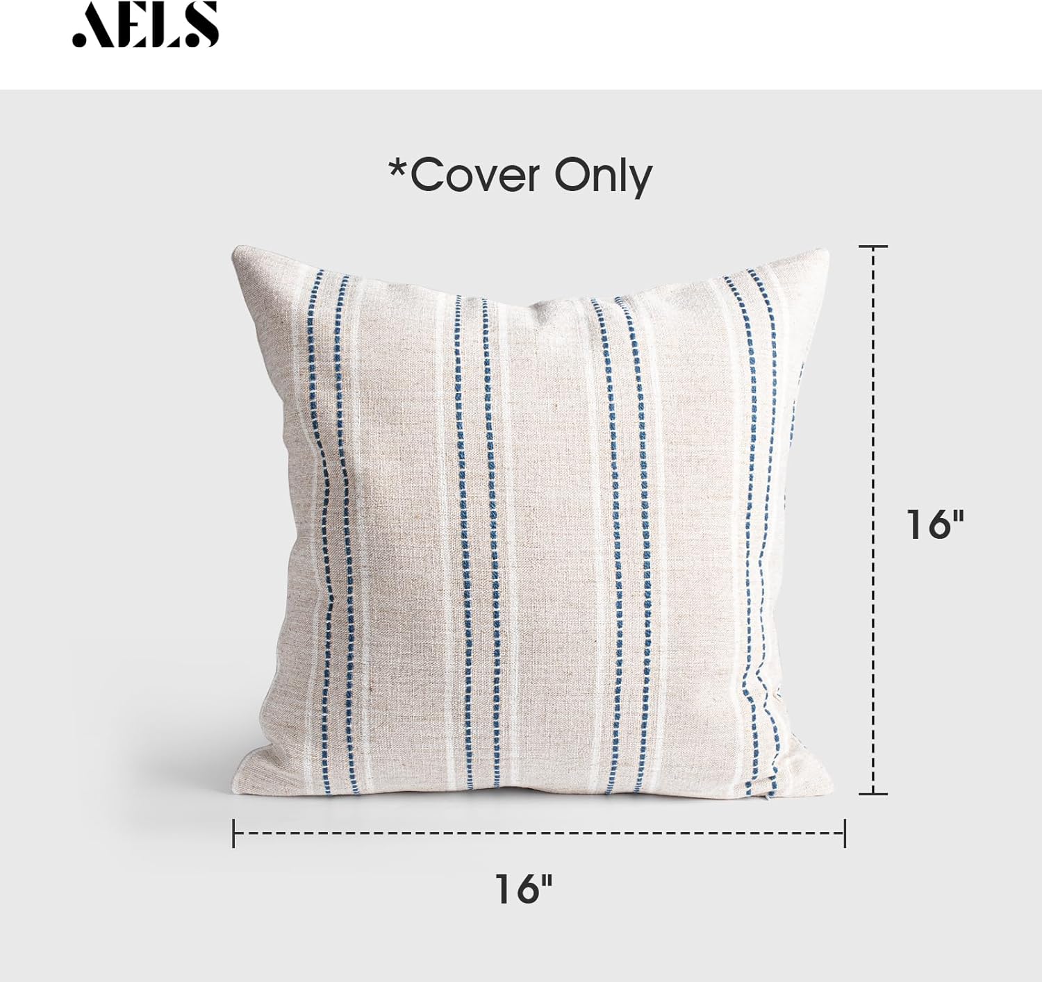 AELS 16x16 Decorative Farmhouse Linen Throw Pillow Covers, Boho Textured Pillow Case, Set of 2, Beige with White & Navy Blue Stitch Yarn Dyed Stripe Cushion Cover for Couch Living Room (Cover ONLY)