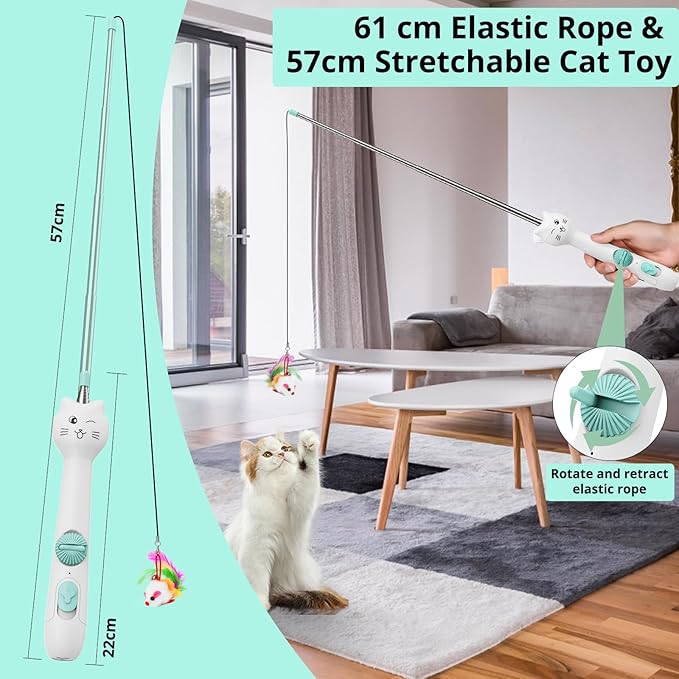 TBTeek Cat Toy, 2in1 Light and Retractable Pole with Feather, Rechargeable, Long Range 5 Modes, Interactive Toy for Indoor Cat Kitten Dog