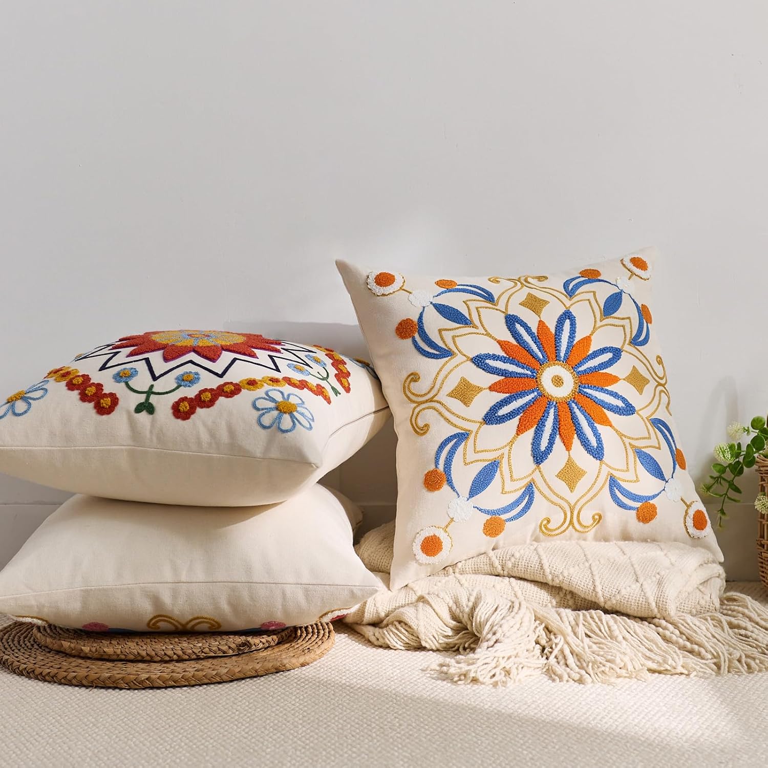 Embroidered Throw Pillow Cover 20x20 Classic Boho Floral Pattern Pillows Cover Outdoor Decorative Pillowcase,Durable Cozy Textured Cushion Case for Sofa Couch Bed Living Room,Orange Blue