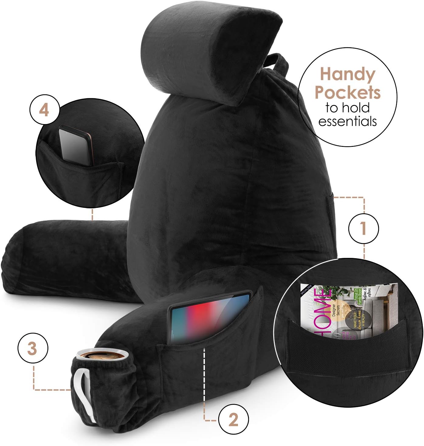 Nestl Reading Pillow with Shredded Memory Foam Includes 2 Neck and Lumber Support Pillows, Designed for Sitting Up in Bed and Couch, Back and Arms Adjustable Support for Adult & Teens, Black