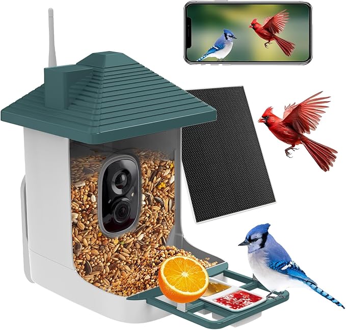 Smart Bird Feeder with Camera,AI Identify Species,Bird House with Solar Powered,Instant Arrival Alerts,2K Capture Video,Live View for Lover (Blackish Green)