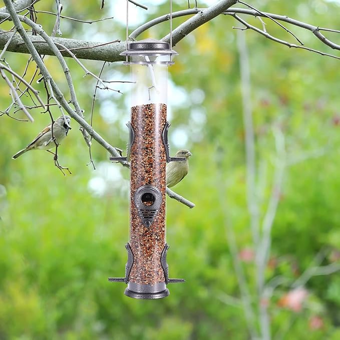 MIXXIDEA Metal Wild Bird Feeder, Squirrel Proof, Hanging 6 Port Tube Transparent Finch Feeder for Attracting Birds in Lawn, Garden, Balcony - Gray