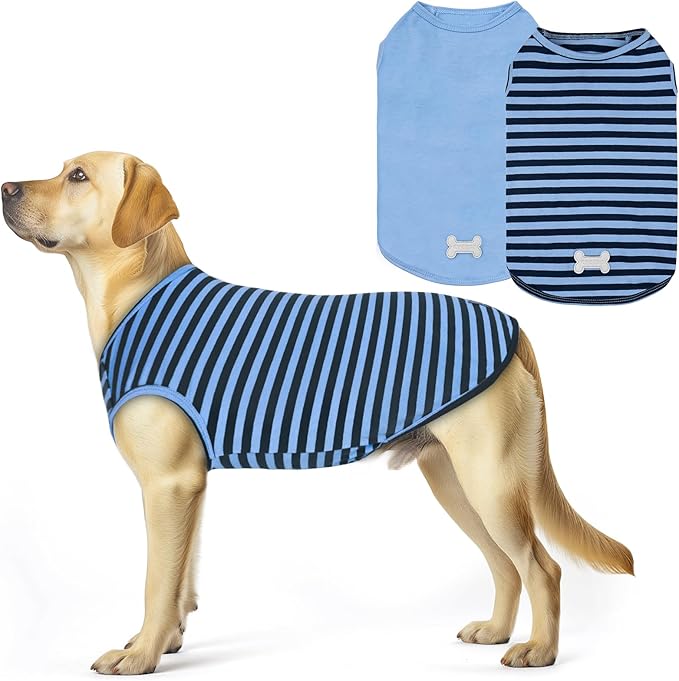 KYEESE 2Pack Dog Shirts Striped T Shirt for Large Dogs Lightweight Clothes Sleeveless Vest Cotton Tank Top, XXX-Large,Dark Blue+Striped