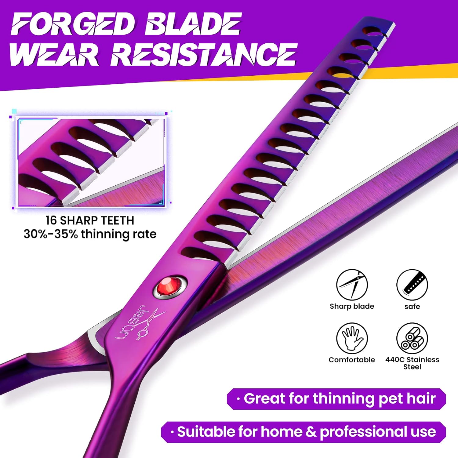 JASON 7.5" Dog Grooming Scissor - Professional Chunker Shear with Ergonomic Handle Japanese Stainless Steel Hair Scissor for Dogs, Cats and Other Pets, Sharp (Chunker, Purple)