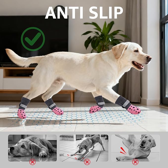 BEAUTYZOO Anti Slip Dog Socks to Prevent Licking Paws, Dog Shoes for Cold Pavement, Grip Socks for Dogs on Hardwood Floors, Dog Booties Alternative, Reflective&Washable Paw Protection for Senior Dogs