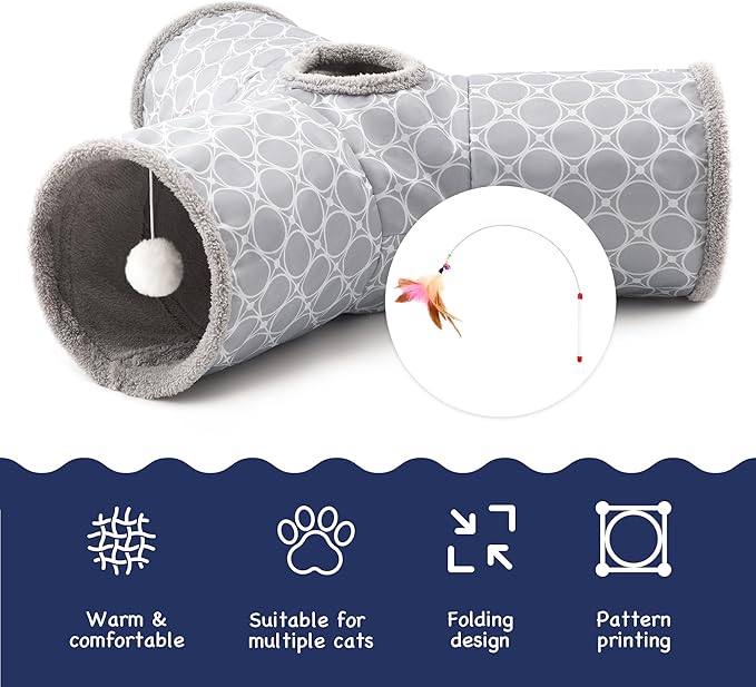 Tempcore Pet Cat Tunnel Tube Cat Toys 3 Way Collapsible, Cat Tunnels for Indoor Cats Fleece-Lined in for Warmth，Kitty Tunnel Bored Pet Toys Peek Hole Toy Ball Cat, Puppy, Kitten, Geometry Grey