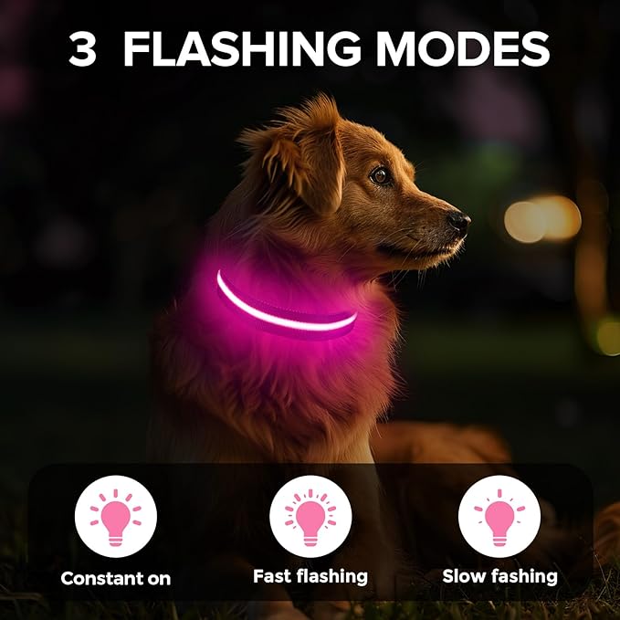 Light Up Dog Collar, Adjustable USB Rechargeable Glow in Dark Dog Collar ，Waterproof Dog Collars for Medium Dogs (Pink, Medium)