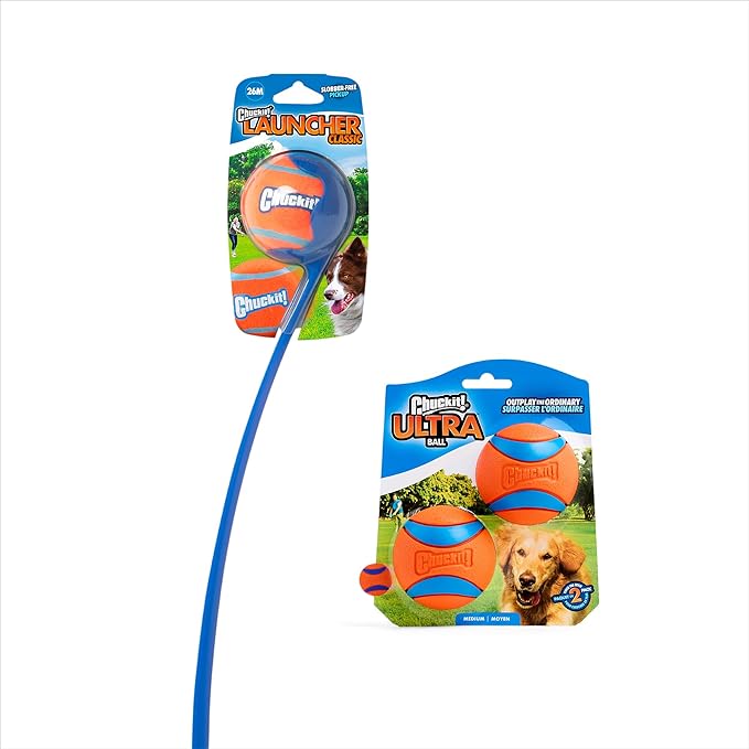 Chuckit! Ultra Ball & Launcher Bundle - Classic 26" with 2 Pack Medium (2.5") Bouncy Fetch Balls for Dogs 20-60 lbs, Dog Fetch Ball Thrower