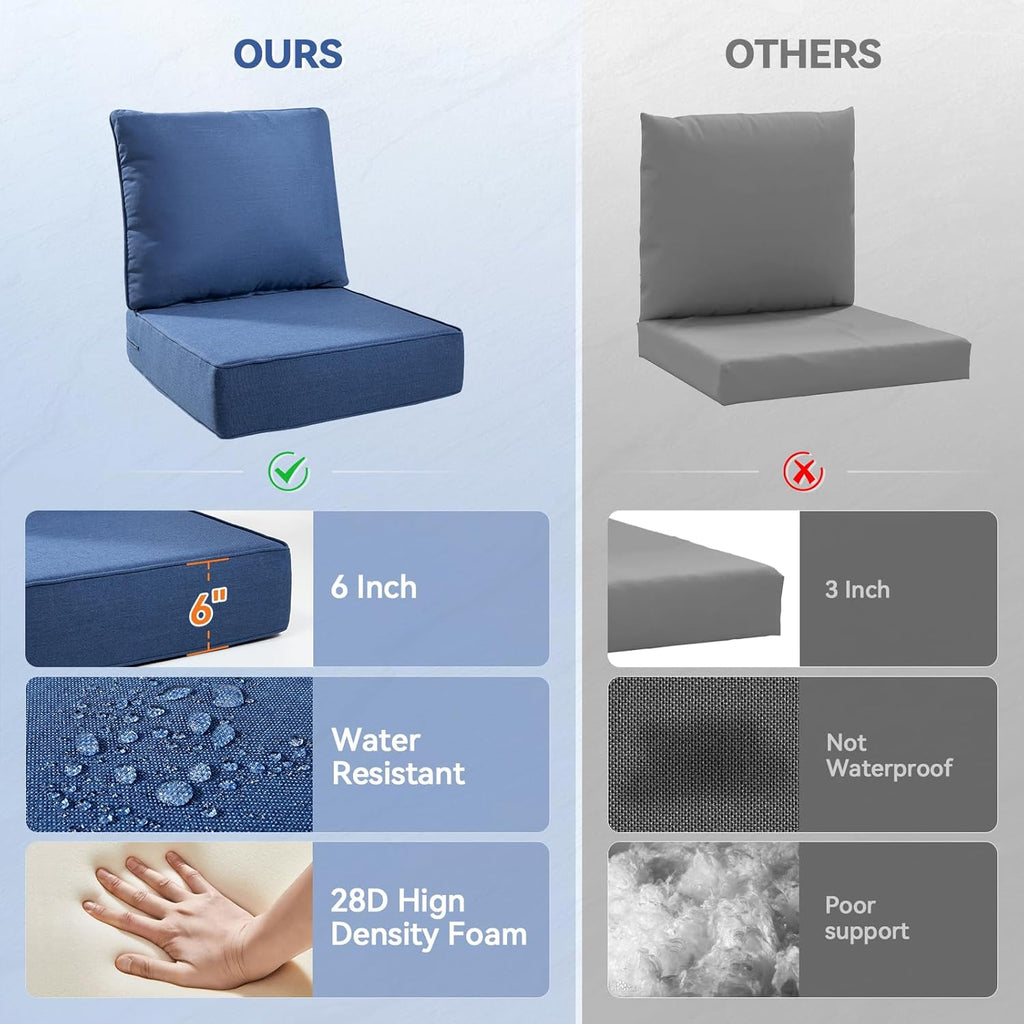 Luxury 6" Outdoor Cushions for Patio Furniture, 24x24x6" Thick Seat Cushion Set of 7, Fade Resistant Couch Chair Replacement Cushions High Density Deep Wicker Chair Cushion w/ Removable Cover, Blue