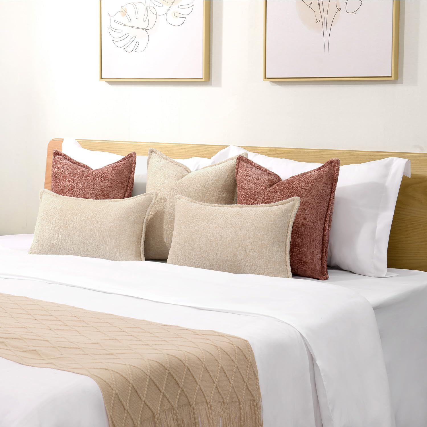 Pack of 2 Beige Decorative Throw Pillow Covers 16x16 Cozy Soft Chenille Accent Vintage Square Couch Pillow Covers for Home Decor Bed Sofa Living Room