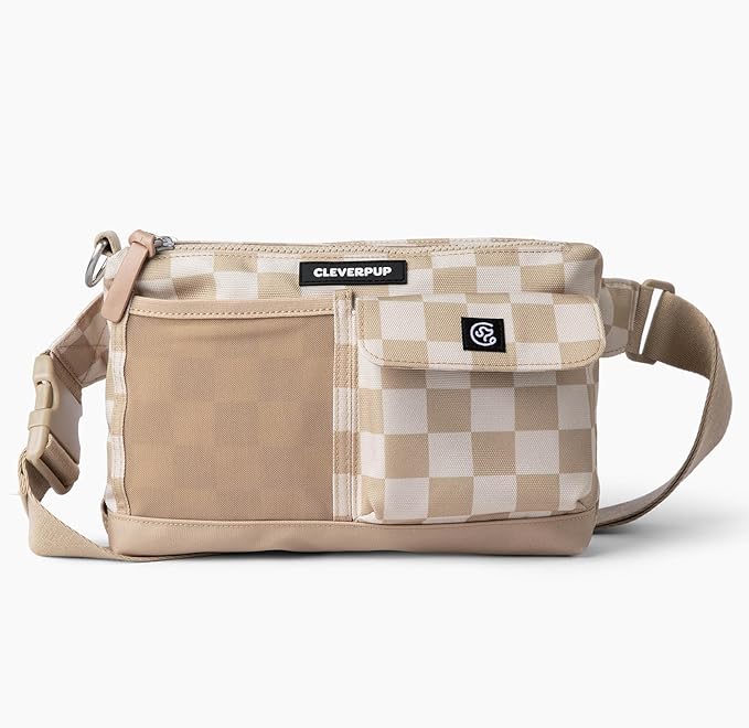 Dog Walk & Train Sling Bag - Hands-Free 2-In-1 Treat Pouch, Poop Bag Holder, Clicker, Phone Pocket - Crossbody/Fanny Pack, Adjustable Strap - Checkerboard