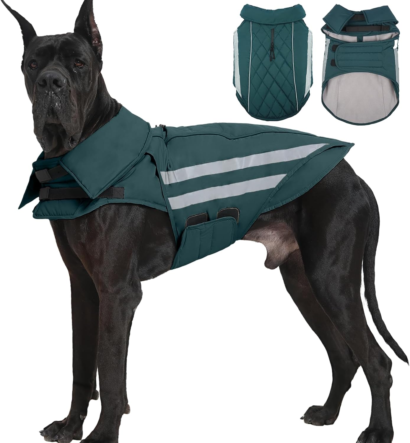 Dog Winter Coat Waterproof Dog Jacket with Harness Hole Reflective Windproof Fleece Snowsuit Turtleneck Hook & Loop Cold Weather Coats for Large Dogs Great Dane Doberman, Green 4XL