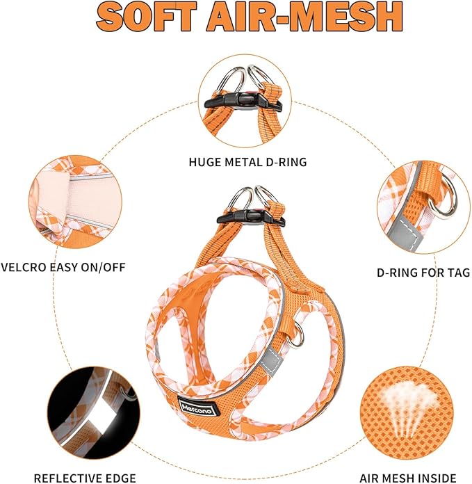 Mercano Soft Mesh Dog Harness and Leash Set, No-Chock Step-in Reflective Breathable Lightweight Easy Walk Vest Harnesses with Safety Buckle for Small Dogs, Cats (Orange, XL)