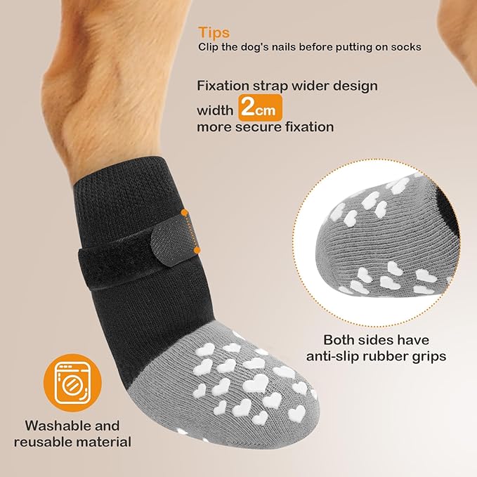 Non-Slip Dog Socks Prevent Licking Paws,Grippy Socks for Senior Dog Walk on Hardwood Floor,Paw Protectors,Black 2 Pairs,S