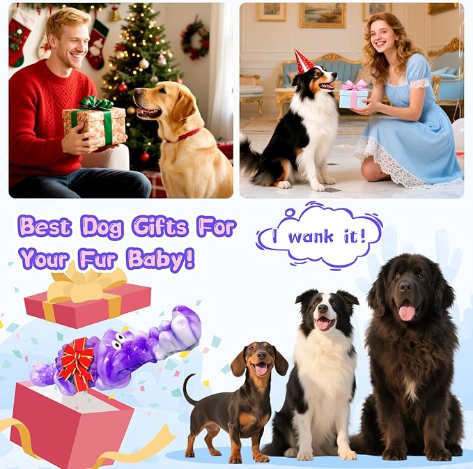 Squeaky Dog Chew Toys for Aggressive Chewers - Tough Crocodile Chew Toy for Small Medium Large Dogs, Dental Cleaning & Anxiety Relief, Boredom Buster (Purple)