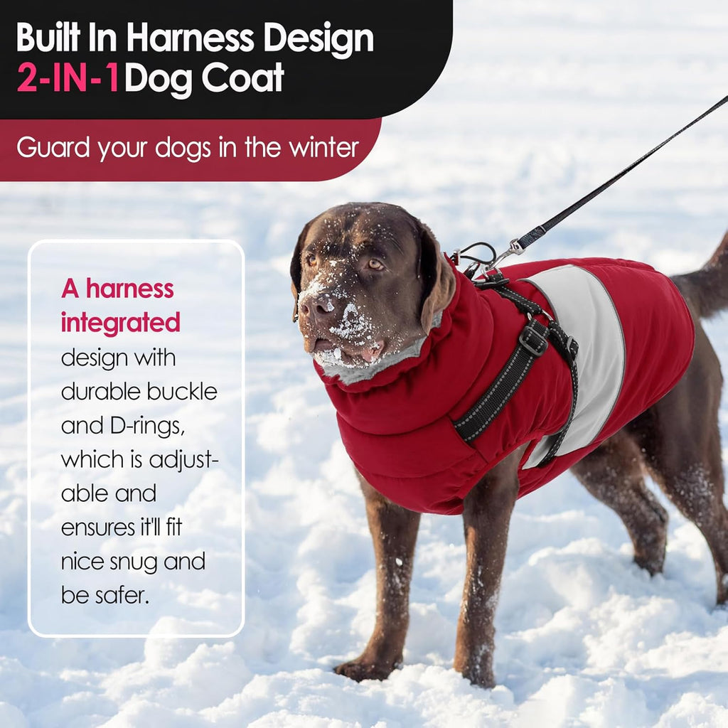 AOFITEE Dog Coat, Large Dog Jacket, Dogs Coat with Harness Built in, Reflective Waterproof Dogs Jackets Winter with Furry Collar, Warm Polar Fleece Pet Sweater Snowsuit for Doberman, Great Dane XXXL