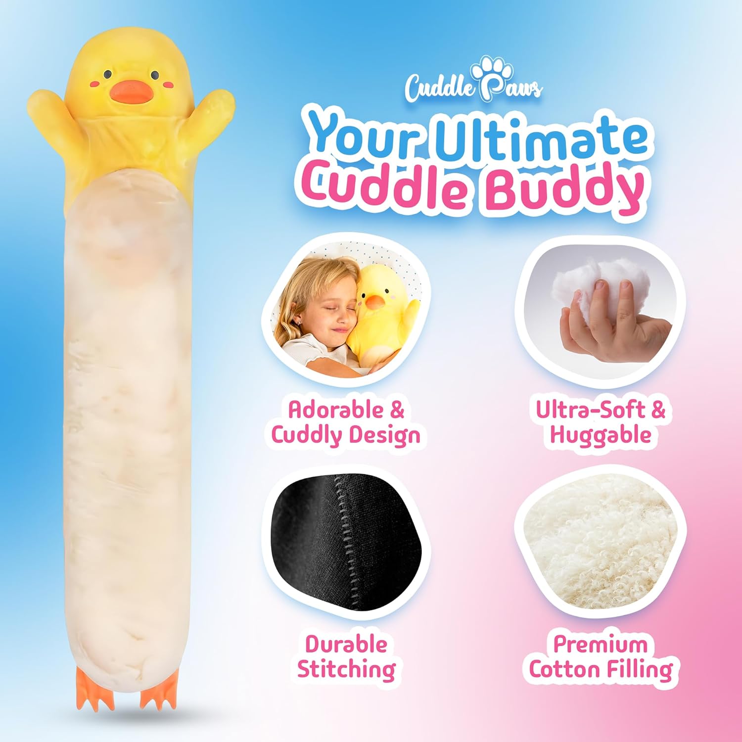 Duck Plush Body Pillow for Kids | Long Stuffed Animal Cuddle Pillow | Soft Hugging Toy | Plushie Gift for Girls & Boys | Long Plush Body Pillow for Sleep & Comfort | Large, 47 Inches