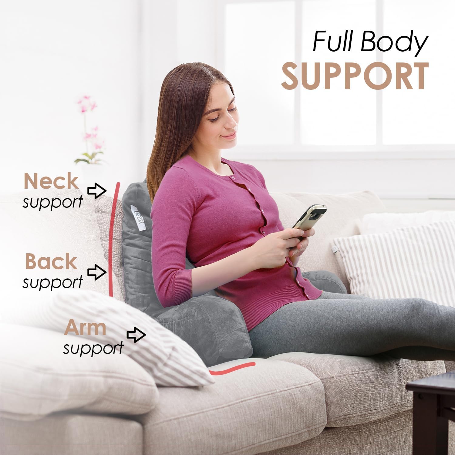 Nestl Reading Pillow for Kids & Teens with Shredded Memory Foam, Backrest Pillows for Reading, Watching, and Gaming, Use on The Couch, Bed, or Floor, Adjustable Support with Washable Cover Grey