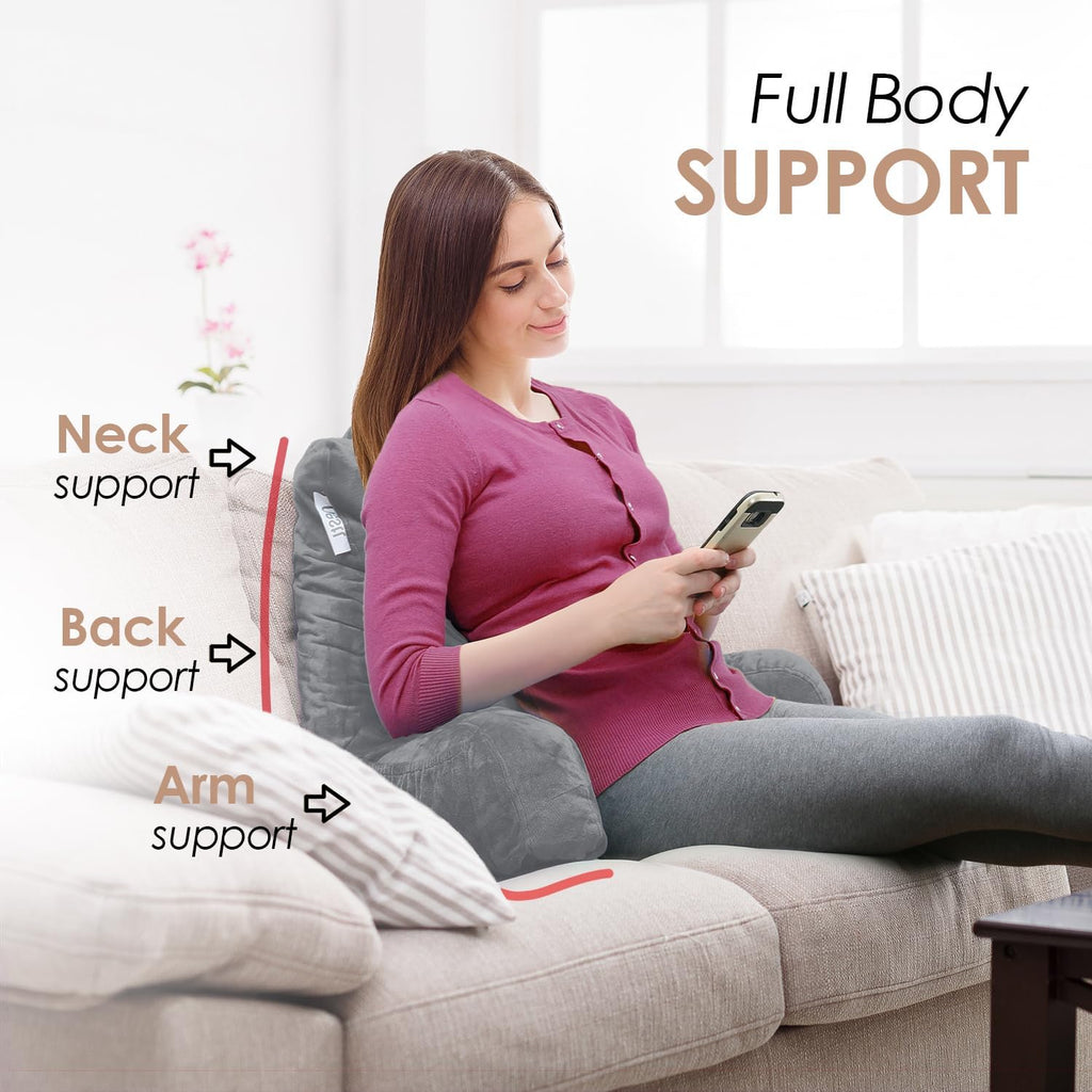 Nestl Reading Pillow with Shredded Memory Foam, Designed for Sitting Up in Bed and Couch, Back and Arms Adjustable Support for Adult & Teens Backrest Pillows for Reading, with Washable Cover Grey