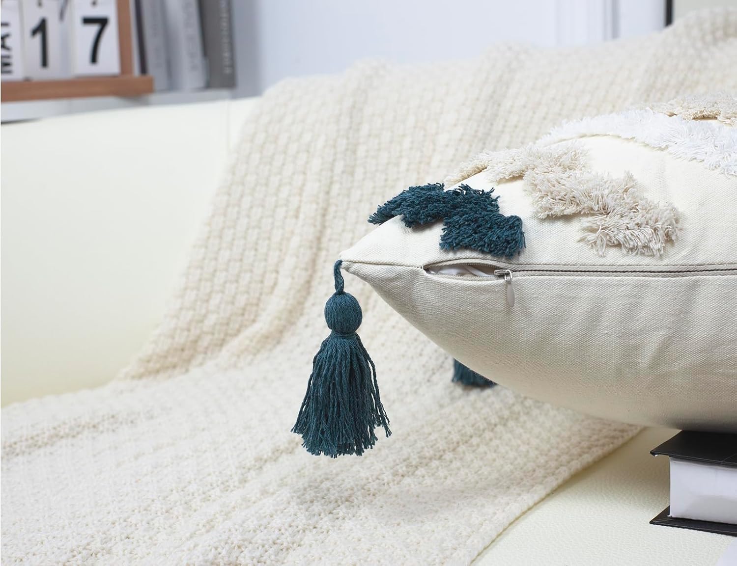 Decorative Farmhouse Throw Pillow Covers 20 x 20,Modern Neutral Couch Pillow Cover,Cotton Checked Pattern Boho Square Pillow Case Cover for Couch Bed Sofa Bedroom,Blue&Beige&White