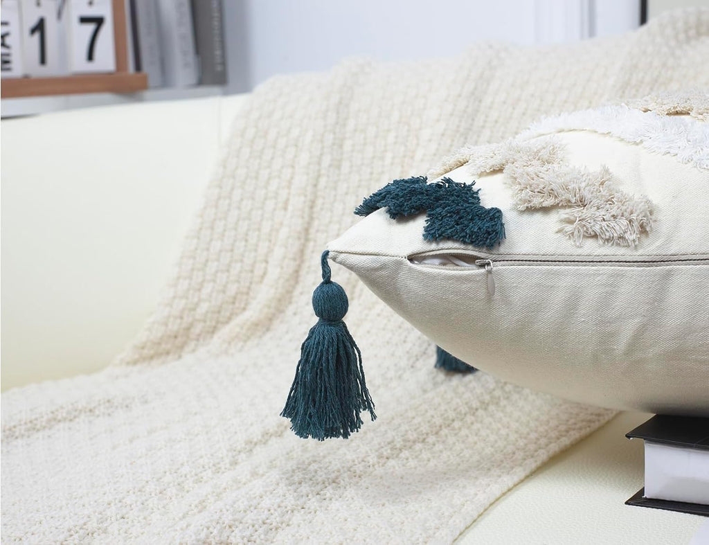 Decorative Farmhouse Throw Pillow Covers 16 x 16,Modern Neutral Couch Pillow Cover,Cotton Checked Pattern Boho Square Pillow Case Cover for Couch Bed Sofa Bedroom,Blue&Beige&White