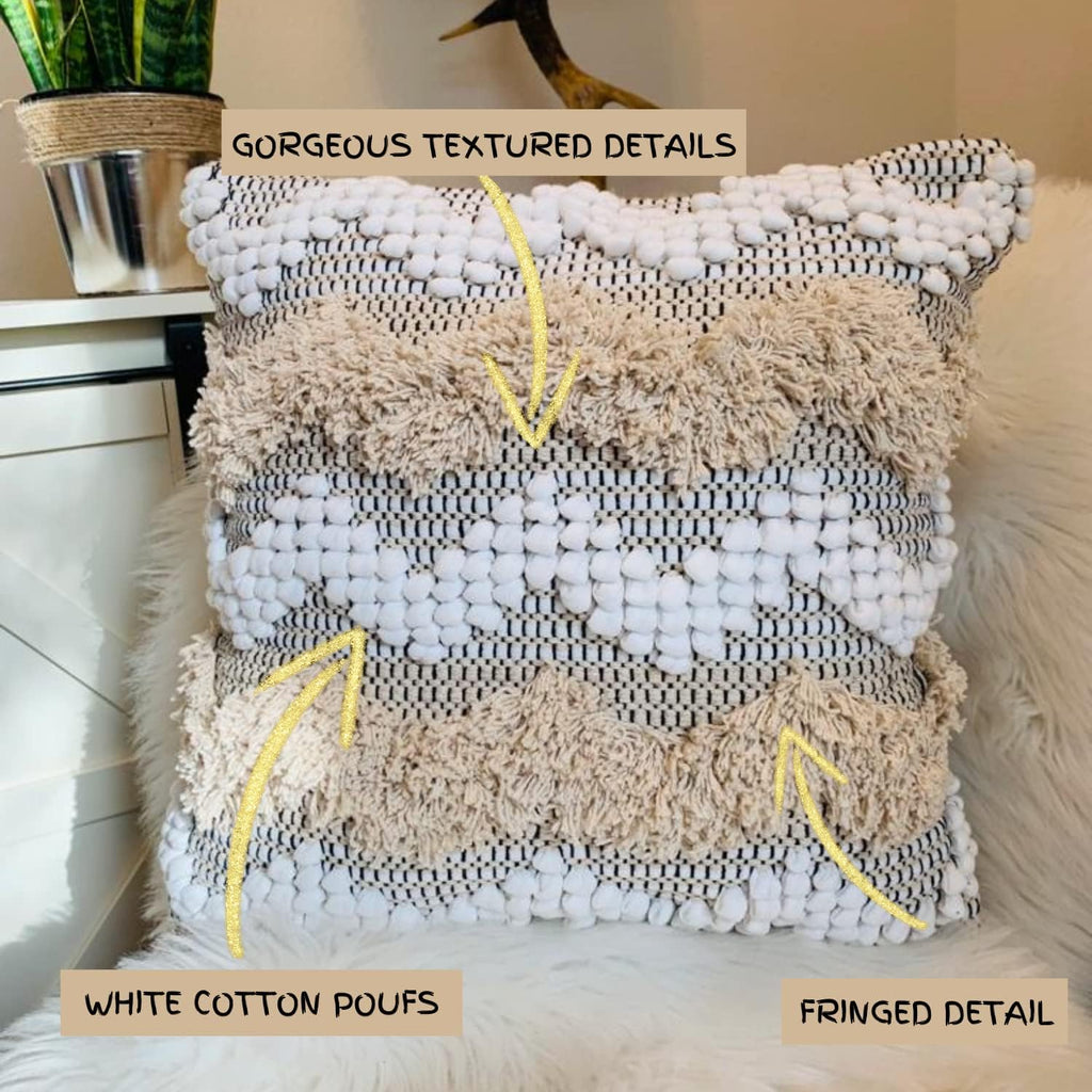 Throw Boho Pillow Cover, 18”x18” Bohemian Moroccan Rustic Decorative Pillows with Tufted Accents, Plush Handwoven Cotton, Textured Woven Neutral Farmhouse Scandinavian Home Decor (no Insert)