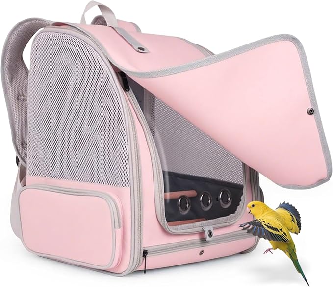 Parrot Carrier Backpack for Small to Medium Bird, Bird Travel Carrier Cage with Standing Perches and Metal Tray, Breathable Portable Transport Bag for Parakeet, Budgie, Conure, Cockatiel, Parrot