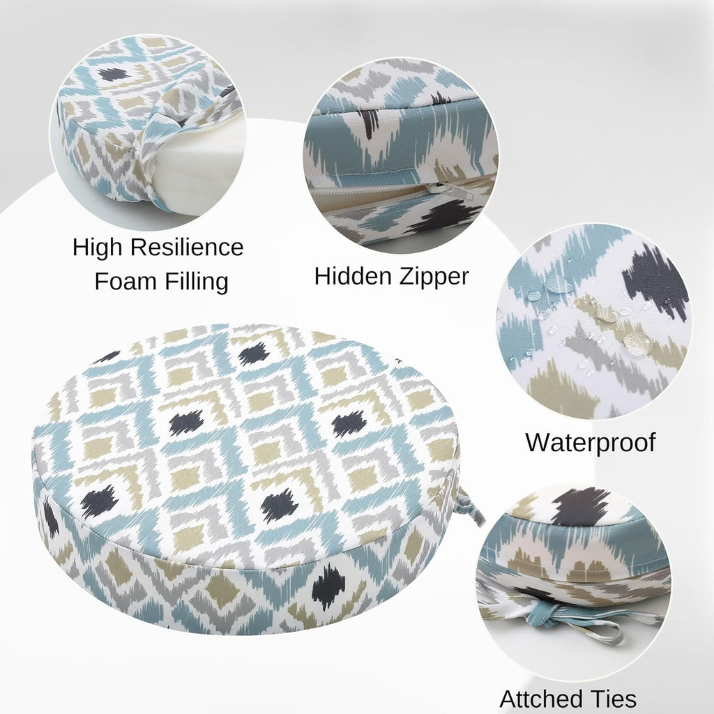 idee-home Outdoor Bistro Chair Cushions, 15”x15”x 3” Thick Outdoor Round Seat Cushions Set of 4 with Ties, Waterproof Round Patio Furniture for Garden