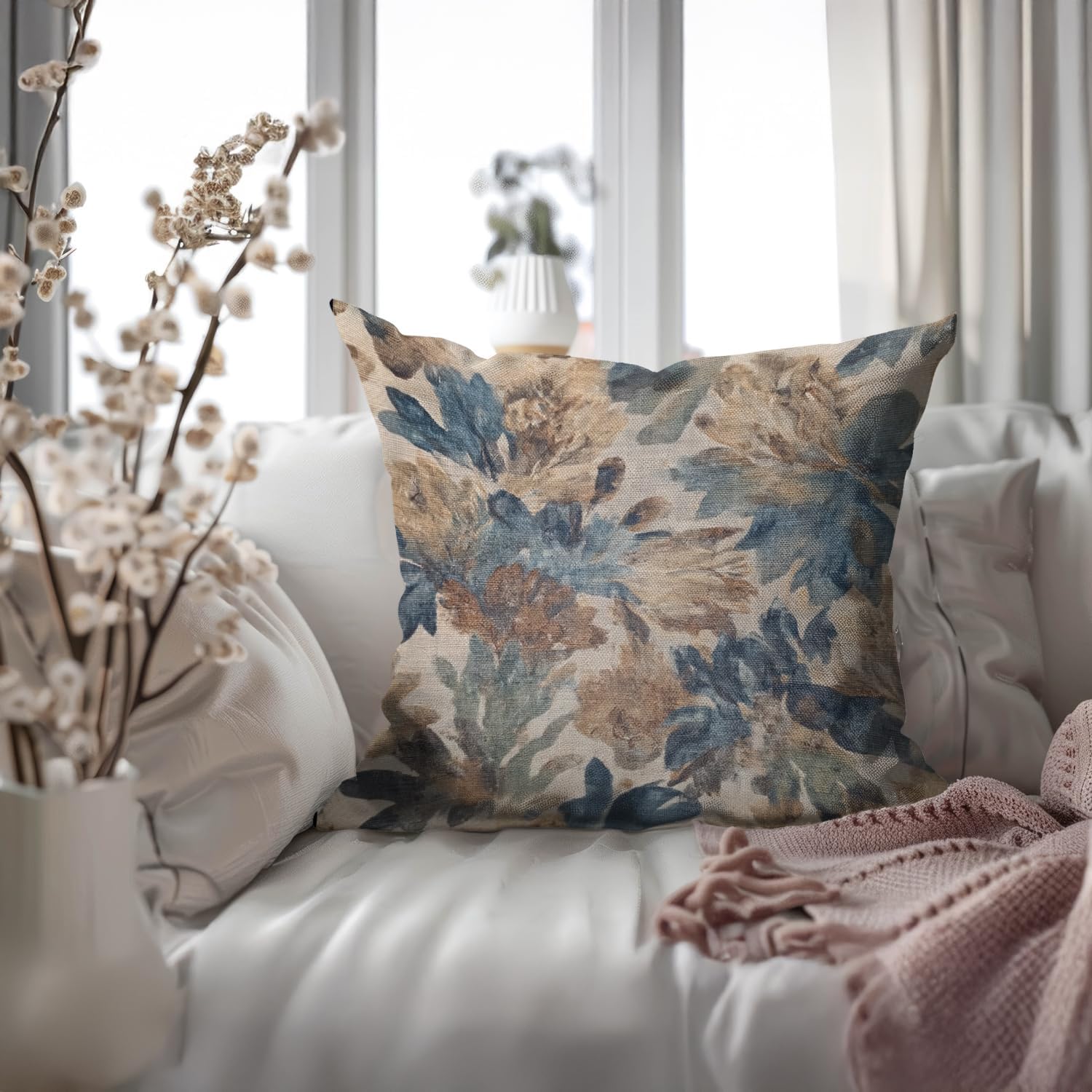 Bohemian Pillow Covers | Vintage Floral & Carpet Design | Double Sided Blue White Decorative Pillowcases for Couch, Bed | Indoor Outdoor Boho Home Decor (Blue&Brown, 18x18inches)