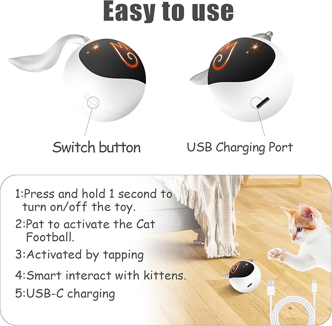 Migipaws Interactive Cat Ball Toy Set, Fun Tracker, Automatic Rolling Chase Ball with Fluffy Tail, A Small Mice, Rechargeable (White)