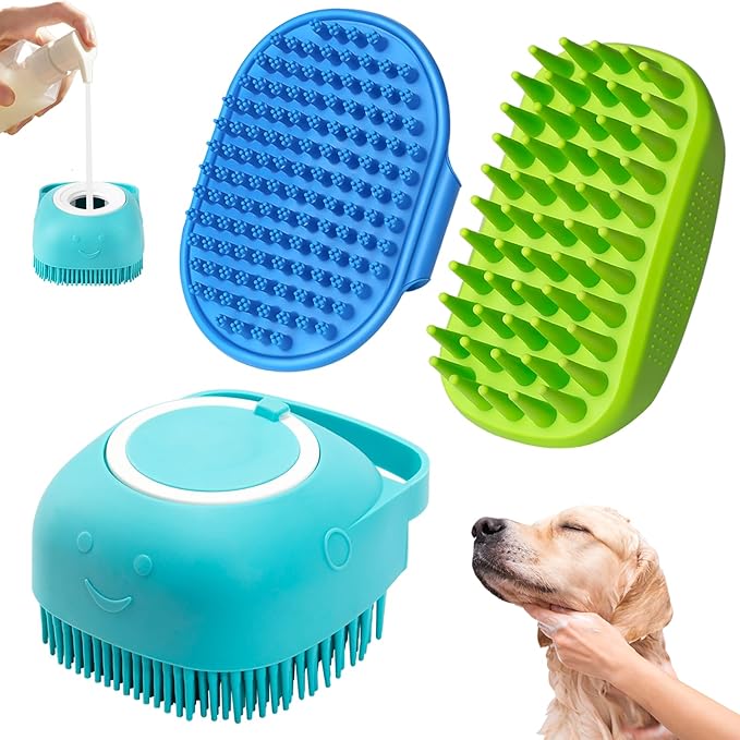 3PCS Dog Bath Brush, Shampoo, Shower, Scrubber for Bath, Dog Bath Supplies, Suitable for Deshedding, Washing & Grooming of Short and Long Haired Pets (Blue Green Blue)
