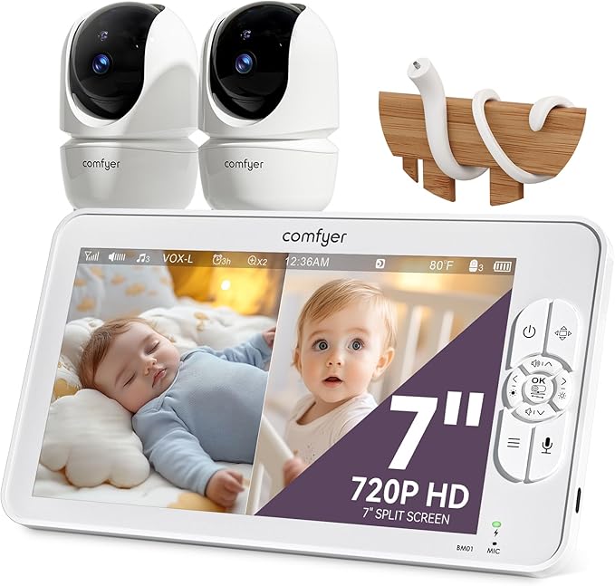 7" Split-Screen Baby Monitor with 2 1080P Cameras, 720P HD No WiFi Monitor with a Flexible Bracket, 120 Hrs 6000mAh Battery Runs 5 Days in VOX Mode, 2 Way Audio, Remote PTZ, Auto Night Vision
