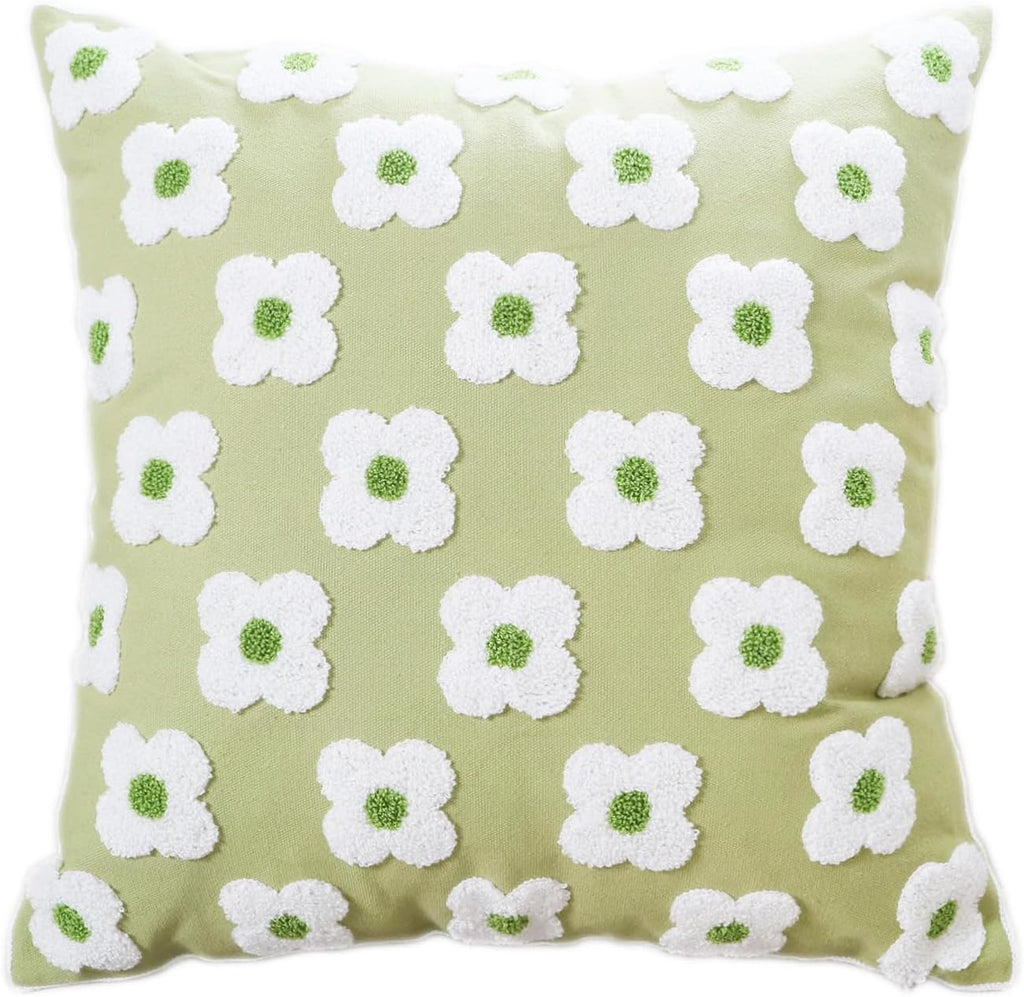 DECOBIRD Embroidery Throw Pillow Cover 20x20 Light Green Floral Design Home Decor Loop Embroidered Pillow Case Thick Cotton Canvas Square Cushion Cover for Couch 50x50cm, 4 Petal Flowers 1 Piece