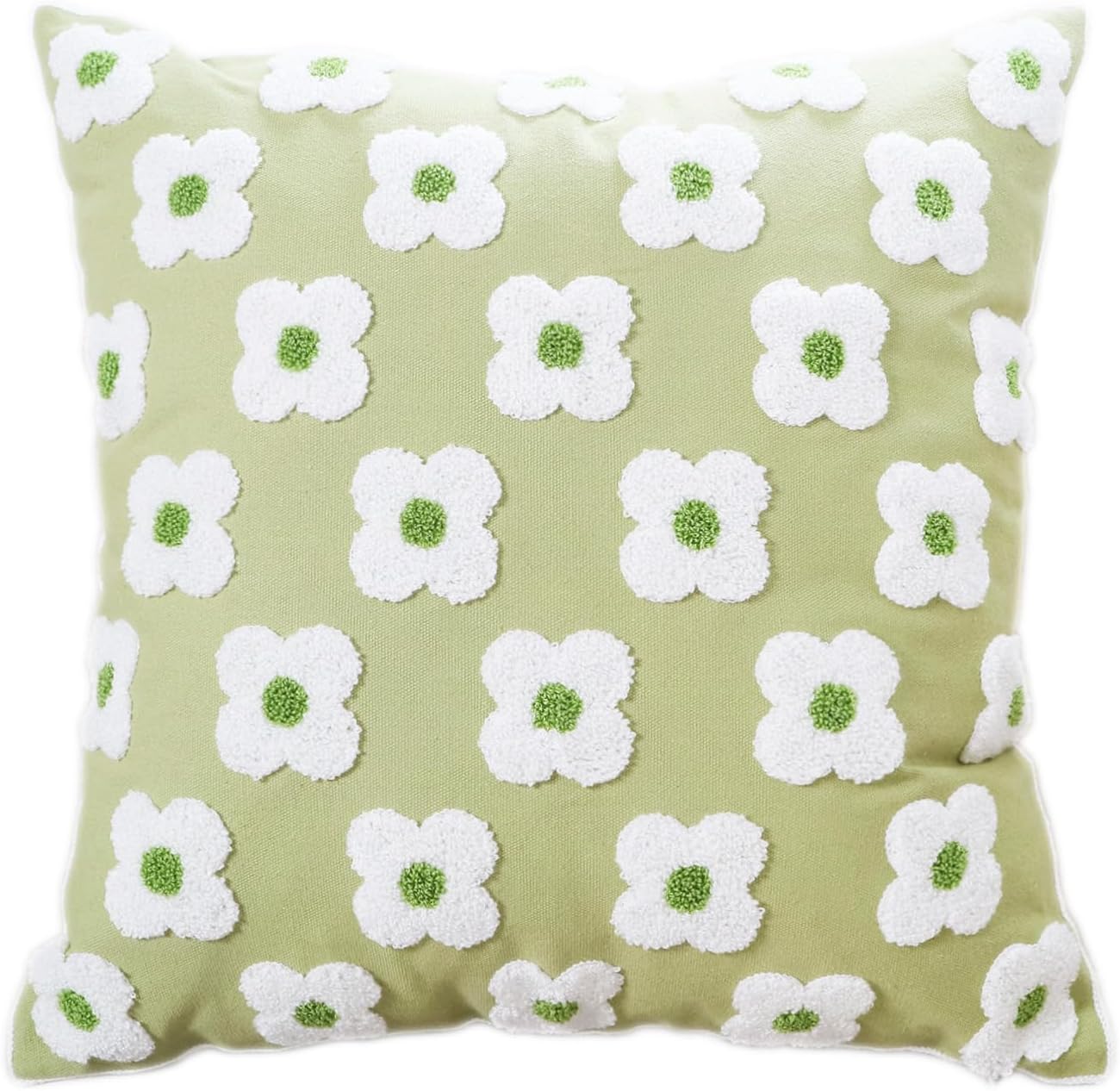 DECOBIRD Embroidery Throw Pillow Cover 20x20 Light Green Floral Design Home Decor Loop Embroidered Pillow Case Thick Cotton Canvas Square Cushion Cover for Couch 50x50cm, 4 Petal Flowers 1 Piece