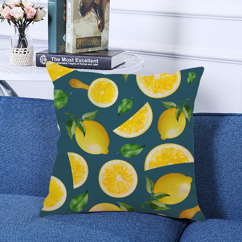 Decorative Square Throw Pillow Covers Lemons Mint Leafs Dark Blue Couch Sofa Bed Pillow Covers Cushion Cases 18x18 inch