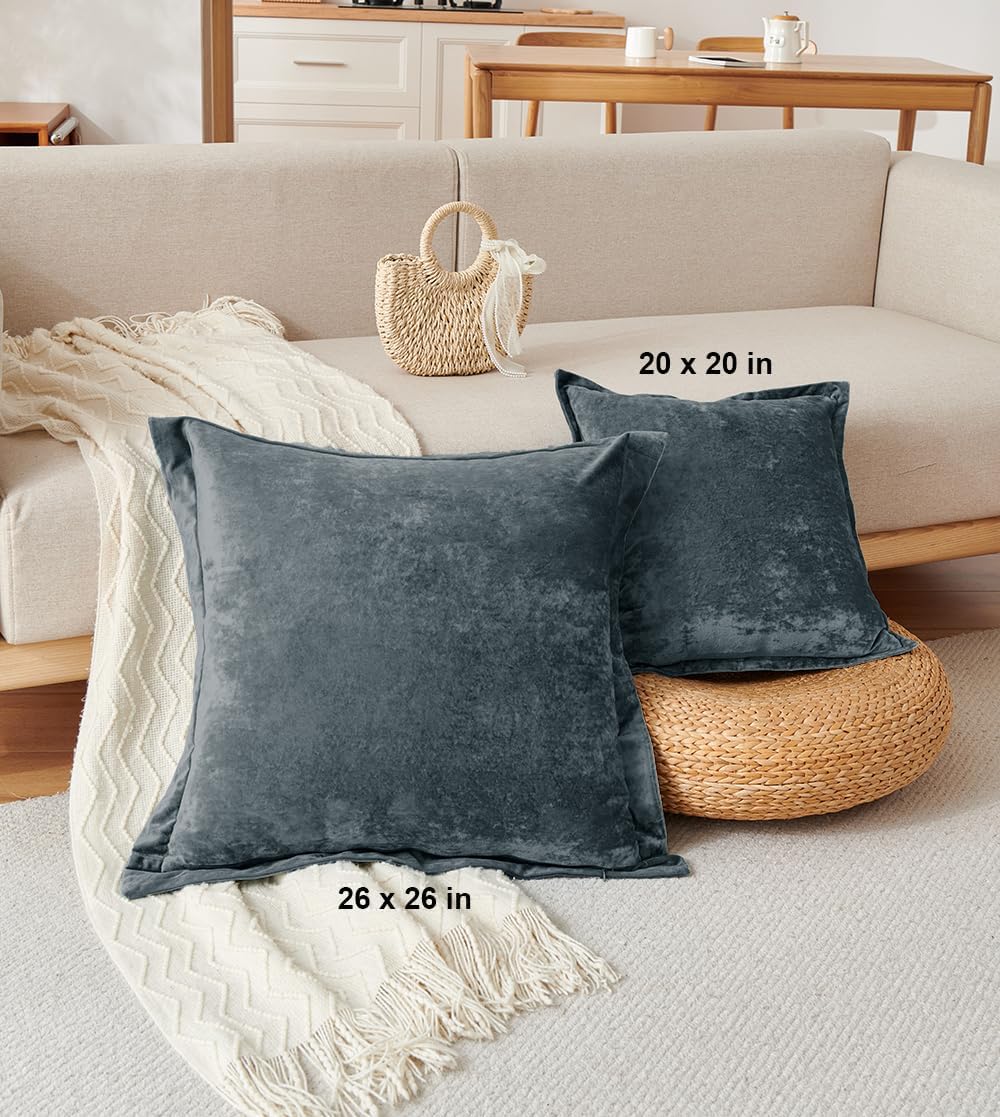 Luxurious Velvet Throw Pillow Covers 20x20 Set of 2 Decorative Pillow Covers Solid Square Cushion Case for Sofa Couch Bedroom Farmhouse, Blue Gray