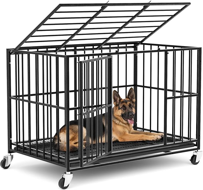 48 in Heavy Duty Dog Crate Steel Escape Proof, Indoor Double Doors and Lockable Wheels,Removable Tray, for Extra Dog Breeds,XL,XXL