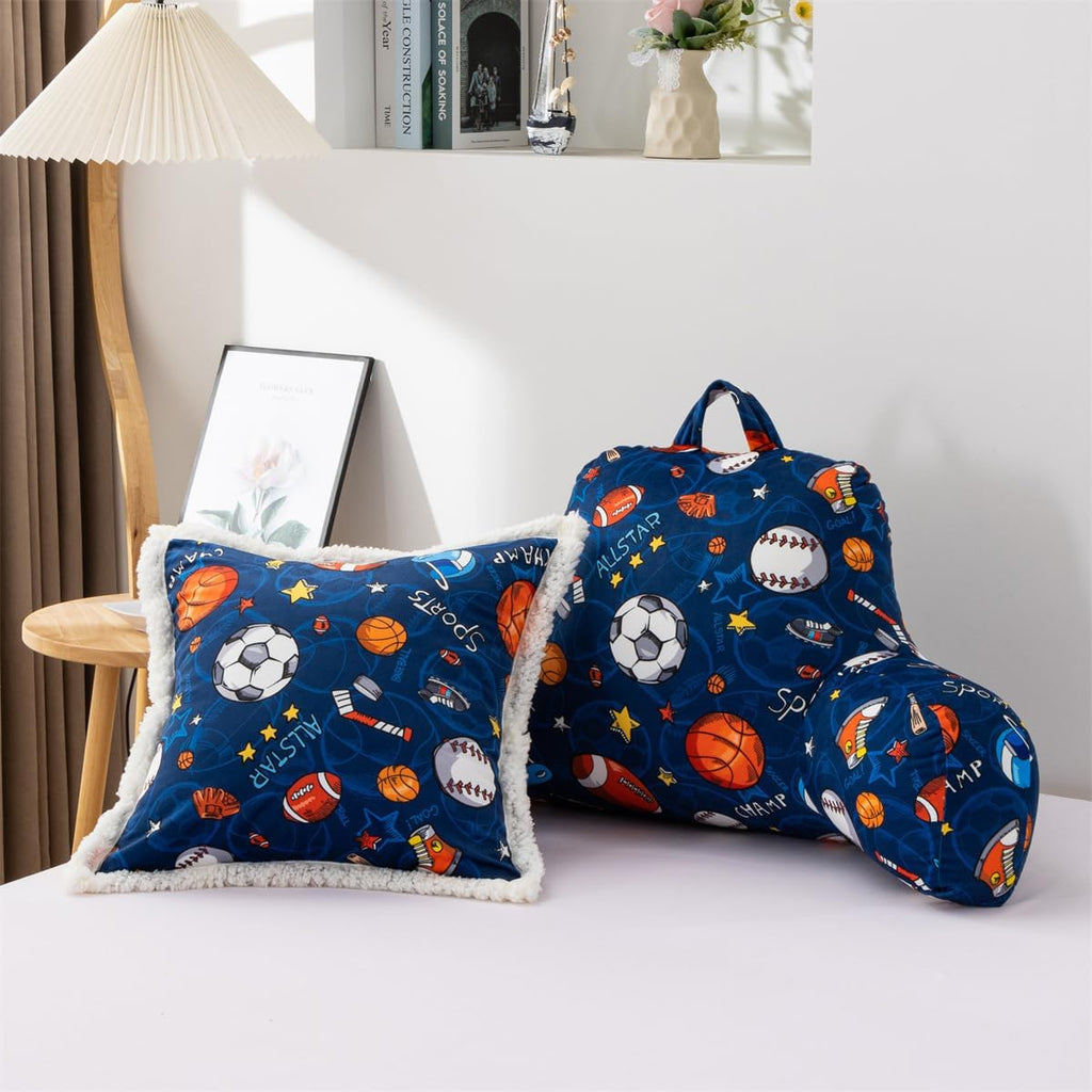 NTBED Sport Ball Collection Printed Reading Pillow Bed Wedge Backrest with Arms, Couch TV Relax Bed Rest Pillow Back Support Cushion for Kids Teens Boys Girls