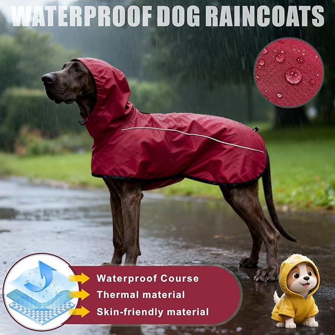 Mosucoirl Dog Raincoat Jacket Reflective Adjustable Hooded Pet Poncho Rain Coats with Leash Hole Waterproof Clothes for Small Medium Large Dogs (Red, S)