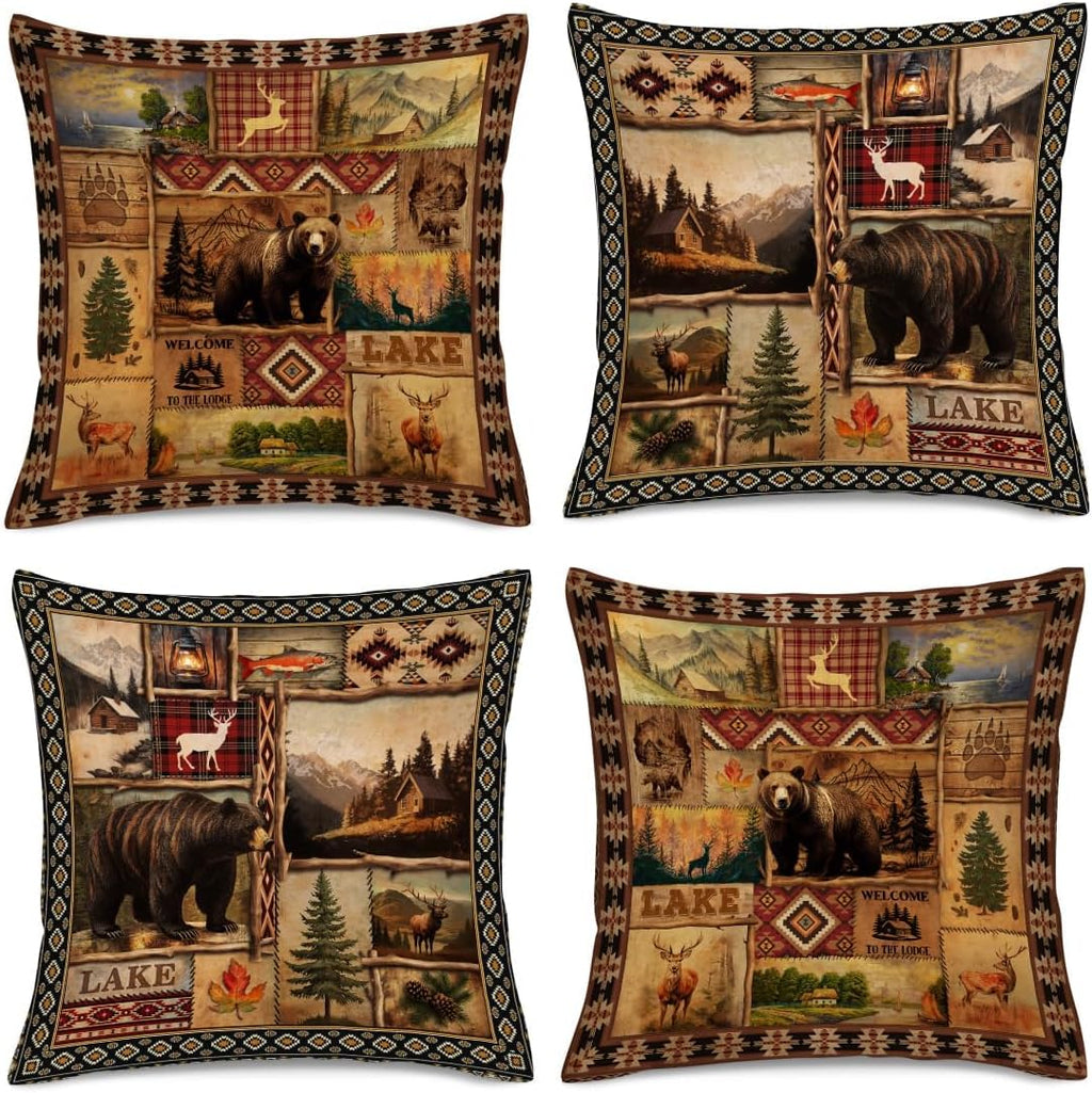 Vintage Rustic Lodge Bear Pillow Covers 18x18 Inch Set of 4, Farmhouse Cabin Throw Pillow Cases for for Couch Bed Sofa Chair Cushion Living Room Decor Brown Cabin Pillowcases