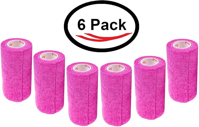4 Inch Vet Wrap Tape Bulk (Fuchsia) (Pack of 6) Self Adhesive Adherent Adhering Flex Bandage Grip Roll for Dog Cat Pet Horse