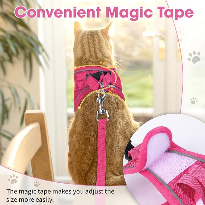 Cat Vest Harness and Leash Set for Walking Escape Proof, Adjustable Kitten Harness Breathable Mesh with Reflective Strips Harness for Kitty Puppy Bunny (Pink,XS)