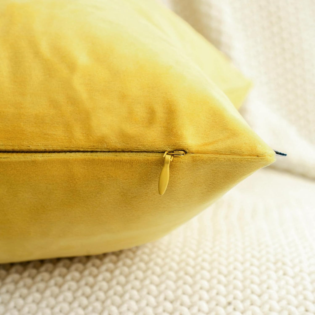 HWY 50 Yellow Velvet Throw Pillow Covers 16x16 Inch, Pack of 2 Soft Cozy Solid Decorative Luxury Cushion Cases for Couch Sofa Bed Living Room Bedroom