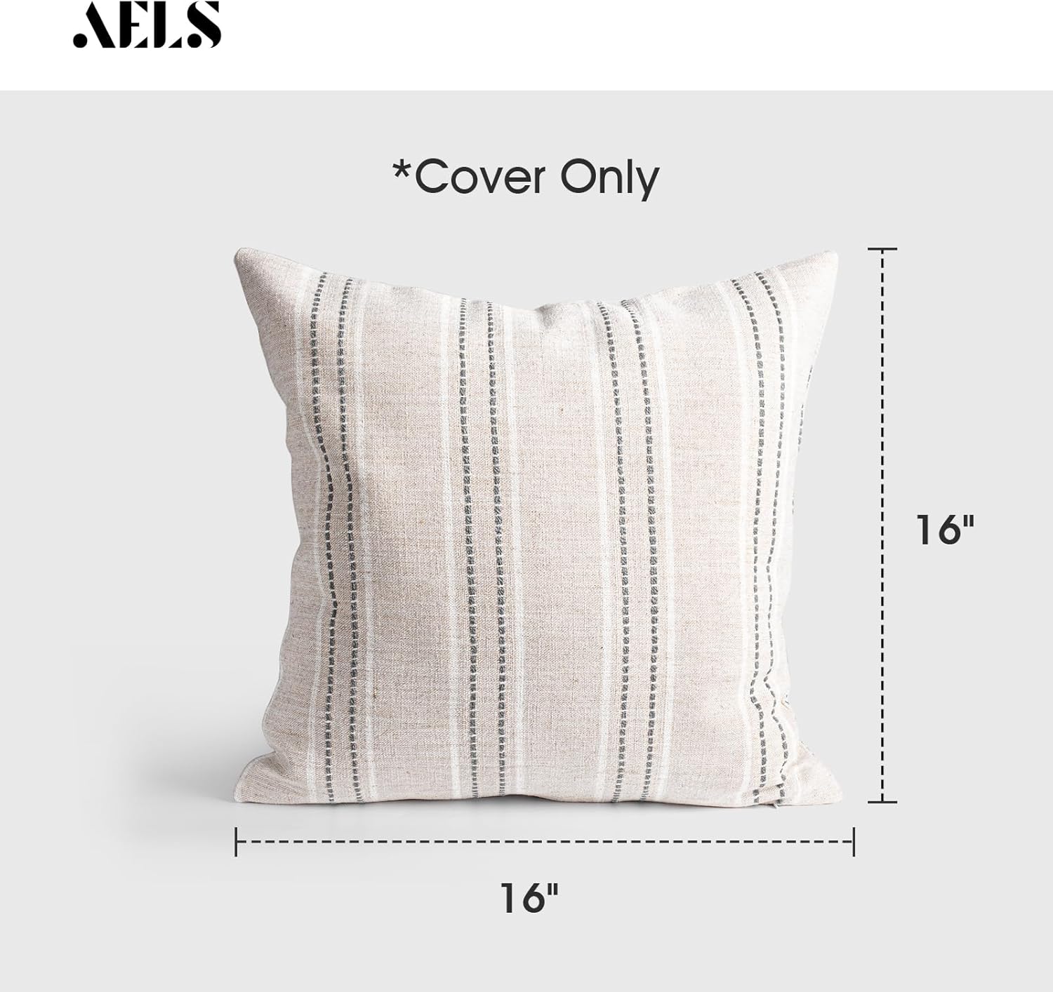 AELS 16x16 Decorative Farmhouse Linen Throw Pillow Covers, Boho Textured Pillow Case, Set of 2, Beige with White & Gray Stitch Yarn Dyed Stripe Cushion Cover for Sofa Couch Living Room (Cover ONLY)