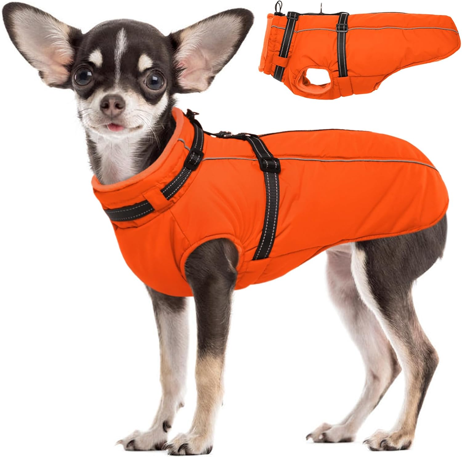 Lelepet Dog Winter Coat Waterproof Dog Jacket with Harness Built in Windproof Reflective Pet Coats for Small Medium Large Dogs, Thermal Fleece Lined Coats for Cold Weather Walking Hiking, Orange, S