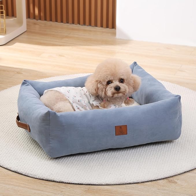 25In Dog Bed for Small Medium Sized Dogs - Washable Rectangle Puppy Bed for Indoor Outdoor, Cozy Pet Bed with Support Pillow & Non-Slip Bottom(Blue, Medium)