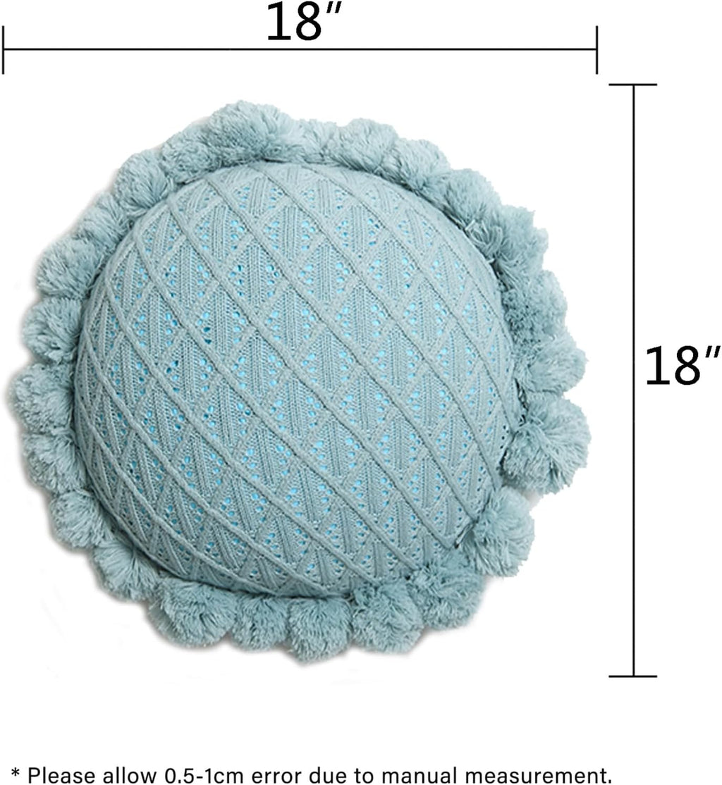 Acrylic Knitted Round Throw Pillow Knitting Bohemian Circular Cushion Pillow with Knit Handmade Pompoms Decorative Turquoise Green, Diameter 18inches
