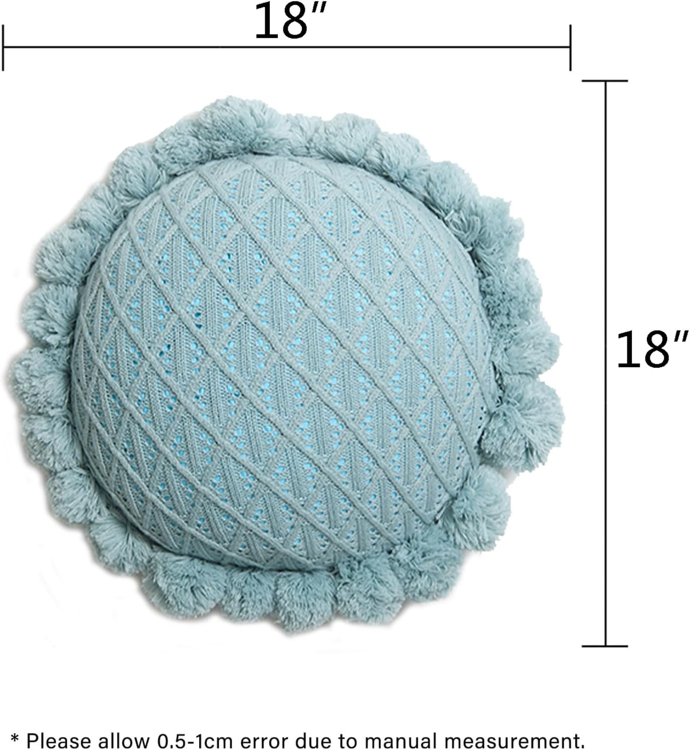 Acrylic Knitted Round Throw Pillow Knitting Bohemian Circular Cushion Pillow with Knit Handmade Pompoms Decorative Turquoise Green, Diameter 18inches