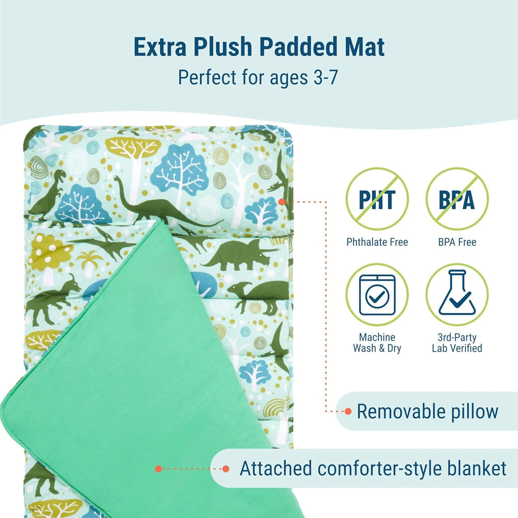 Wildkin Kids Original Nap Mat – Cozy Kids Sleep Mat with Pillow, Ideal for School & Travel - Dinomite Dinosaurs