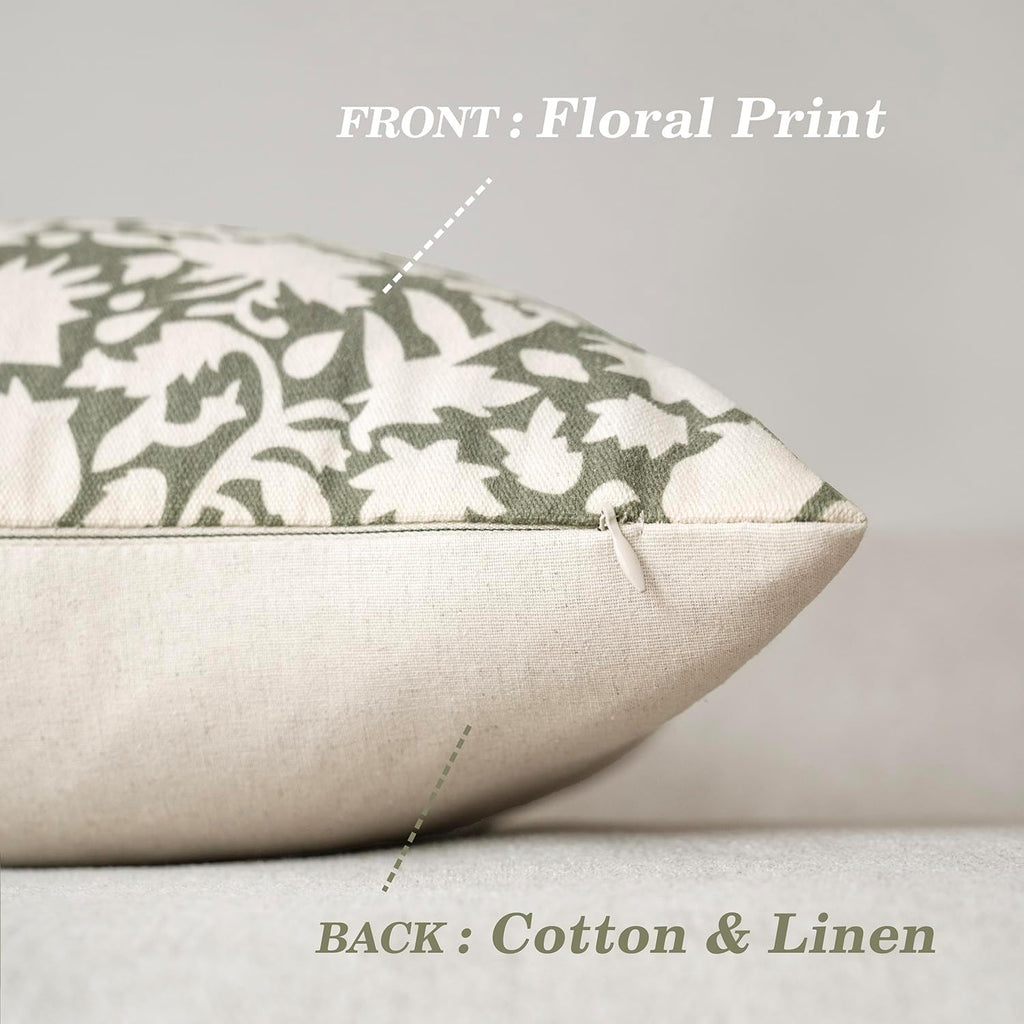 Foindtower Set of 2 Decorative Neutral Floral Throw Pillow Covers Accent Farmhouse Cushion Covers Boho Vintage Pillowcase for Couch Sofa Bedroom Living Room Home Decor,18×18 Inch,Sage Green